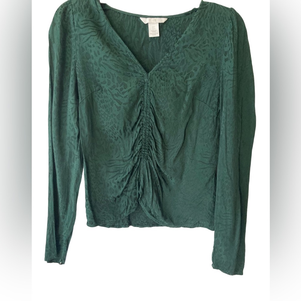 H&M Hunter Green Long Sleeve Animal Print Ruched Blouse